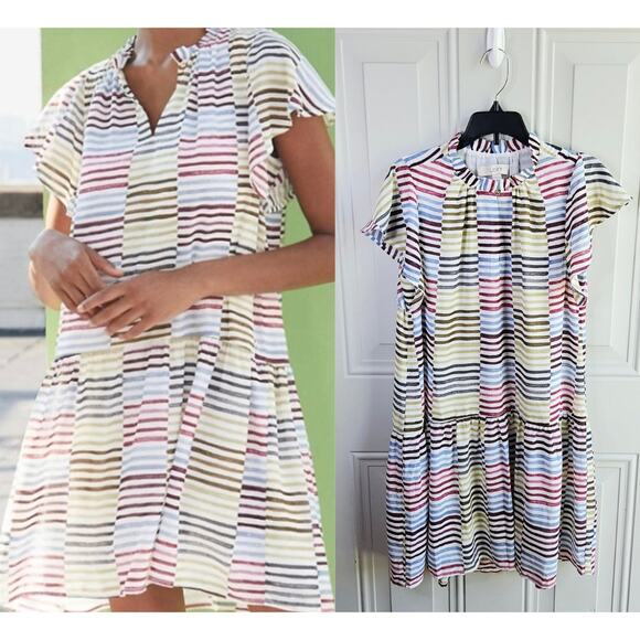 🦃 Loft Size XXS Multicolored Striped Blocked Dress Flutter Sleeve Drop Waist - Picture 1 of 12